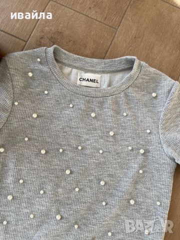 Сива тениска блуза с перли шантел Chanel , снимка 1 - Тениски - 45544067