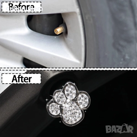 Капачки за автомобилни вентили с кристали лапичка, 4 броя, снимка 4 - Аксесоари и консумативи - 51821759