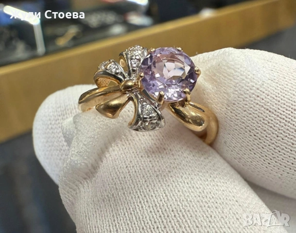 Руски златен пръстен с аметист и фианити, снимка 2 - Пръстени - 54084602