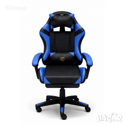 Ергономичен геймърски стол с масажна функция и поставка за крака – черно-син, снимка 3 - Столове - 53442339