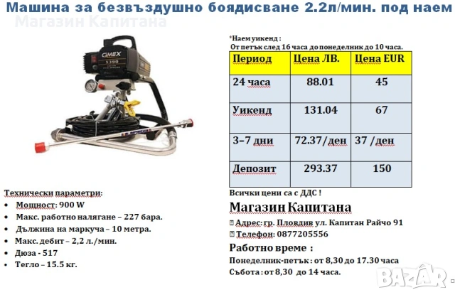 Машина за безвъздушно боядисване ПОД НАЕМ 2,2л./мин.