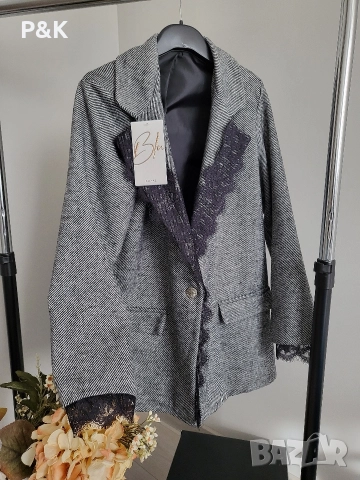 Плътно сиво сако с дантела, снимка 5 - Сака - 52835961