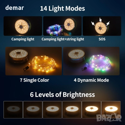 Къмпинг гирлянди 10M, 2 в 1 външен къмпинг фенер с 14 режима, 4000mAh, IP44, снимка 3 - Лед осветление - 51756853