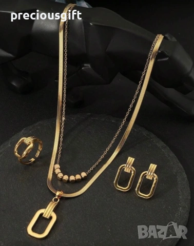 Комплект бижута от неръждаема стомана - колие, пръстен и обеци, снимка 2 - Бижутерийни комплекти - 53101548