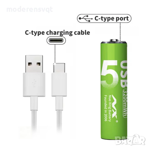 Батерия AA Li-ion 2200mWh 1.5V Quick Charge USB-C к-т 2 броя, снимка 2 - Оригинални батерии - 52494756
