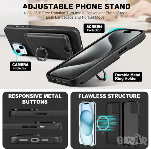 TUCCH кожен калъф за iPhone 15 Plus с отделение за карти, черен, снимка 5 - Калъфи, кейсове - 49790345