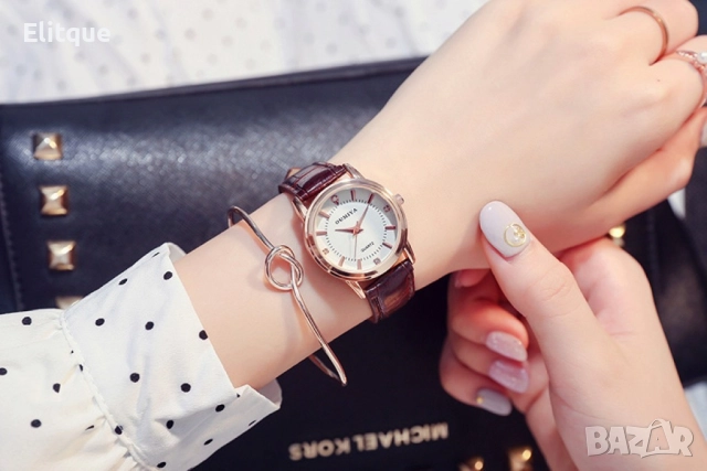 Класически ръчен часовник с к.а кафява верижка. Аналогово показване на часа. Златен ръб на циферблат, снимка 11 - Мъжки - 52819435