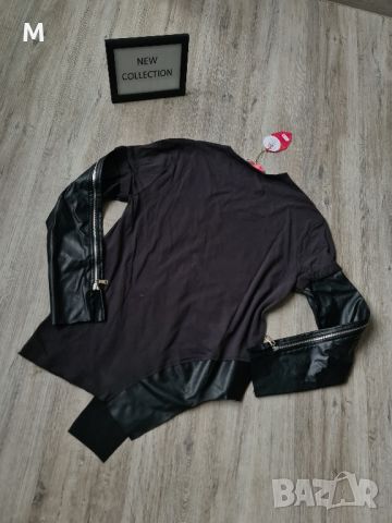 Нова колекция черна дамска блуза с кожени акценти на намаление , снимка 2 - Блузи с дълъг ръкав и пуловери - 45887939