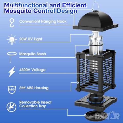 TMACTIME Електрическа лампа за унищожаване на комари и мухи, 4300V 20W UV, закачаща се лампа,MWS-001, снимка 8 - Други стоки за дома - 45655851