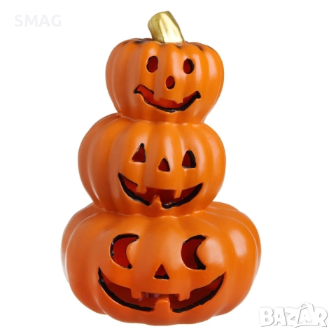 Halloween / Хелоуин декоративна композиция тикви от полирезин с LED осветление, 17x17x28 см_1256075, снимка 2 - Декорация за дома - 52008212
