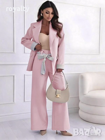 Дамски Елегантен Розов Костюм Сако с Панталон 
