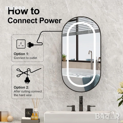 ЛЕД LED огледален шкаф за баня с осветление, 42x80см овален черен, снимка 5 - Шкафове - 53145017