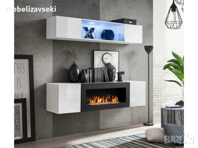 Нова! Модулна секция с камина FLY N3 (бял гланц/бяло)