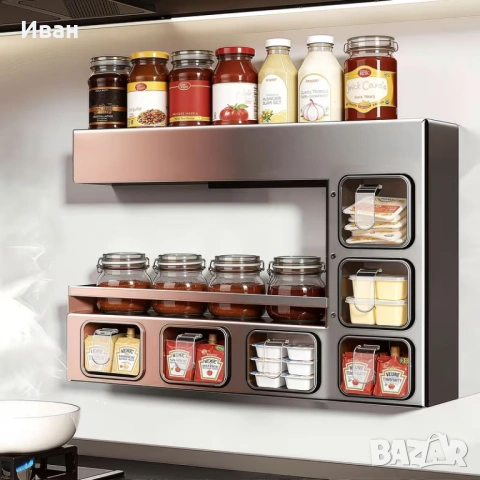 Многофункционален метален стенен органайзер за подправки с 6 кутии за подправки, снимка 3 - Други - 53510394