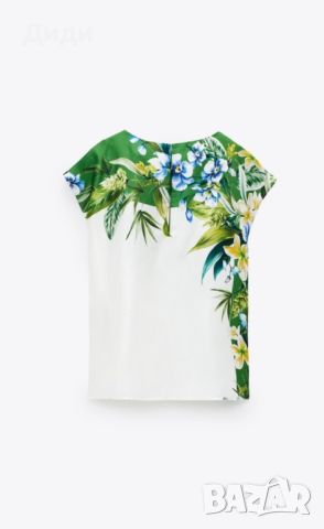 Риза на Zara, сатен, блуза с флорални мотиви, бяла, зелена, снимка 2 - Ризи - 46304147