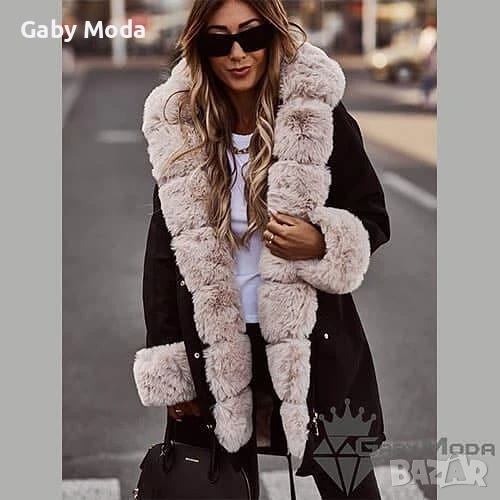 Черно дамско зимно яке парка с пух в цвят екрю, снимка 1