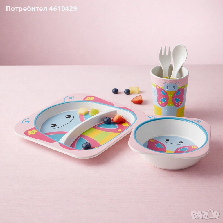 Детски комплект за хранене 5 части Cheffinger – чиния, купичка, чаша, лъжица и вилица, снимка 1