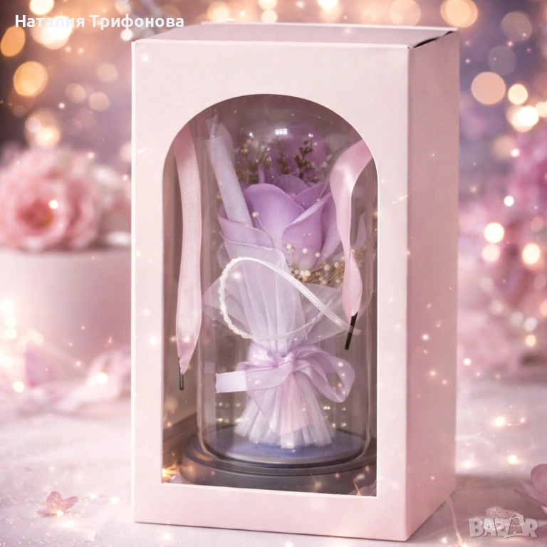 Декоративна роза в стъклен купол - В подаръчна кутия, снимка 1