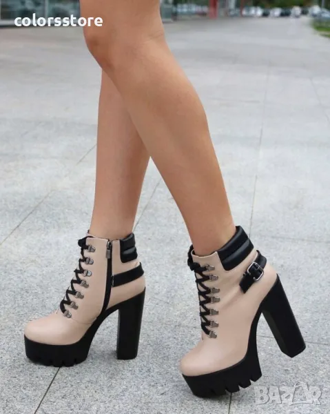 Боти на ток - бежова кожа с черно ходило - BT14, снимка 1