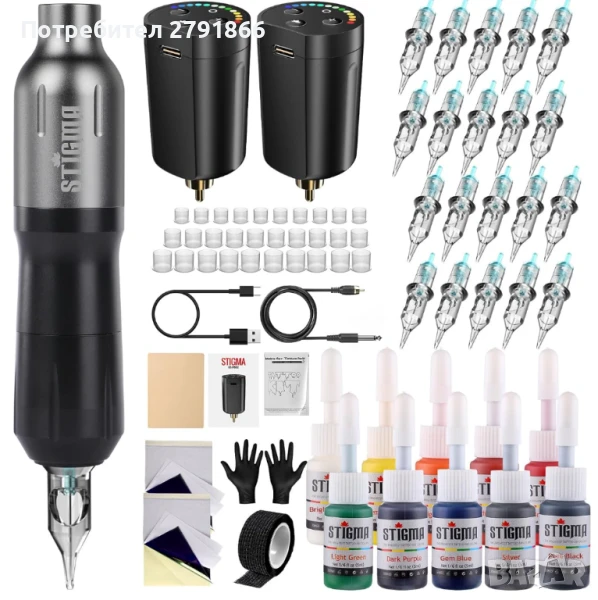 Stigma безжичен голям комплект за татуировки с игли и 2 батерии нов, снимка 1