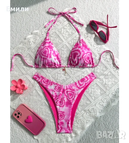 Нов комплект розов дамски бански от две части с принт сърчица р-р XS, S, M, L 