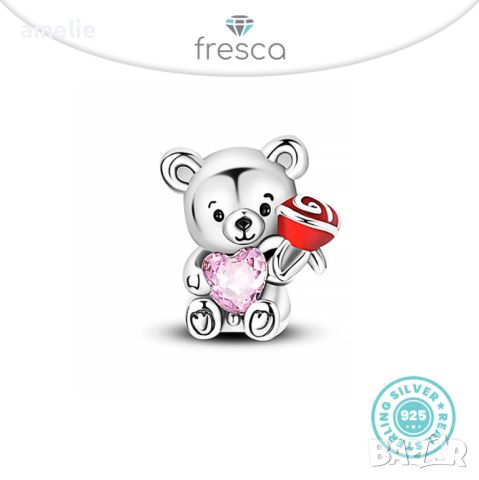 Талисман Fresca по модел тип Пандора сребро 925 Pandora My Teddy Bear with Rose. Колекция Amélie, снимка 1 - Гривни - 44375658