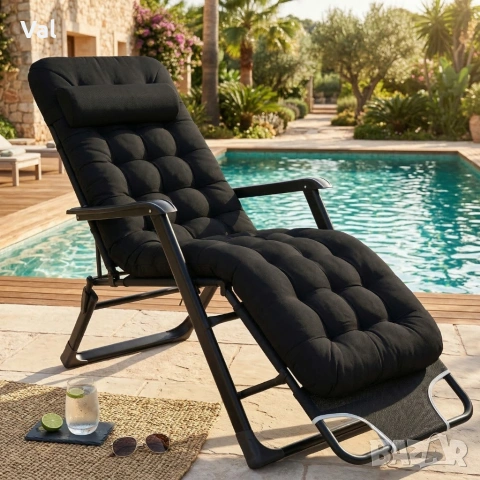 Сгъваем градински шезлонг с мека ватирана възглавница, дишаща материя, регулируем, 178см, снимка 4 - Градински мебели, декорация  - 53891537
