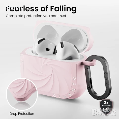 ORNARTO Vortuxe дебел силиконов защитен калъф с карабинер за AirPods 4 (2024), розов, снимка 3 - Аксесоари за Apple - 51200236