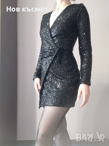 Нова къса, черна рокля с пайети, Н&М, размер XS, снимка 4 - Рокли - 52656537