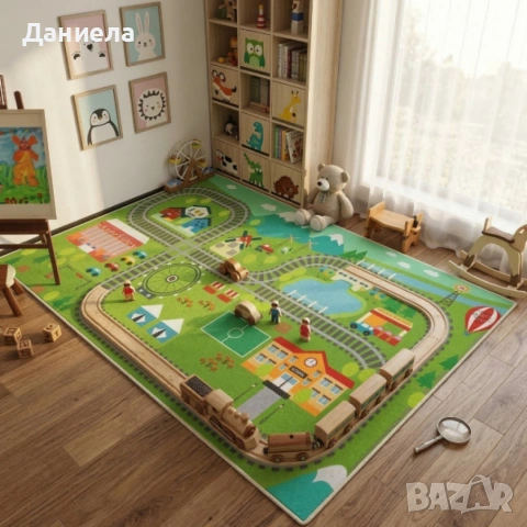 Детски килим за игра 120х160см - Яркозелен килим с влак и релси, противоплъзгащ и миещ се, снимка 6 - Други стоки за дома - 53882036