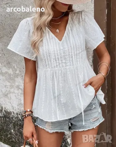 Нова модна дамска ежедневна бяла блуза с v-образно деколте, снимка 4 - Ризи - 49667470