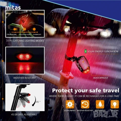 Соларна LED стоп светлина за велосипед, 2 диода, 4 режима, компактна, снимка 8 - Аксесоари за велосипеди - 52040073