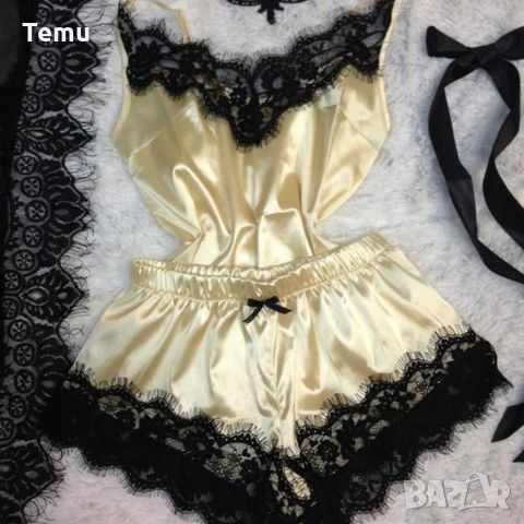 Елегантна дамска пижама – топ, къси панталонки и сатениран аксесоар. Цветове - чисто черен/черен, че, снимка 1 - Пижами - 45718034