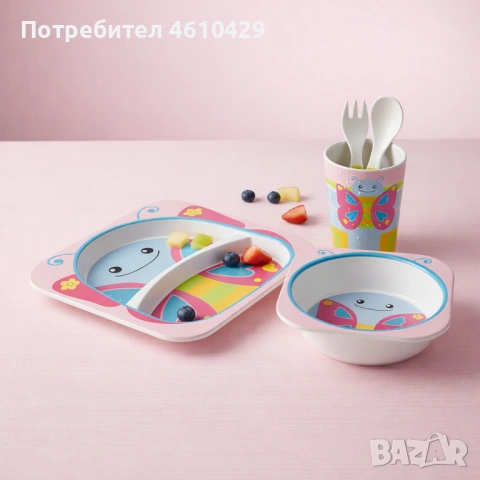 Детски комплект за хранене 5 части Cheffinger – чиния, купичка, чаша, лъжица и вилица