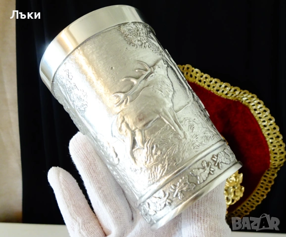 Калаена халба с ловни сцени Куче,Дивеч,Елен,Пушки. , снимка 5 - Антикварни и старинни предмети - 53660686