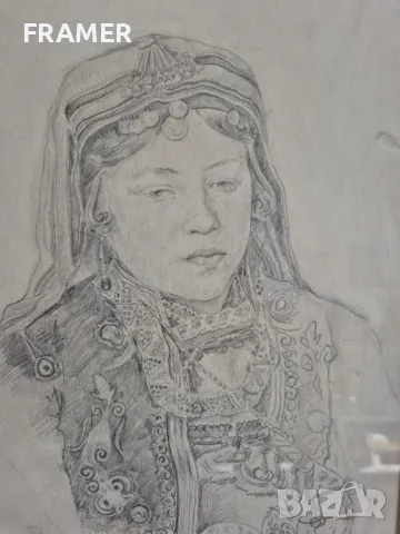 С.Марков 1910 Българка с носия пафти прочелник и трепка прецизна рисунка с молив, снимка 3 - Картини - 50296396