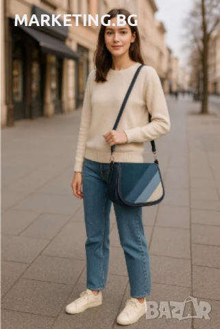 Дамска чанта от деним, с диагонален пачуърк дизайн