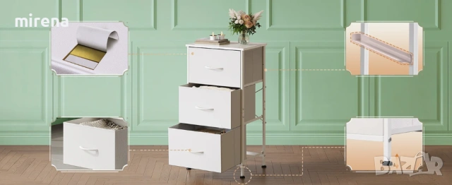 WLIVE Минималистично нощно шкафче с 3 чекмеджета и плат, снимка 4 - Шкафове - 53298761