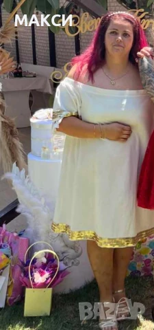 Елегантна рокля в бяло със златисти елементи и пискюли- 100 % памук, снимка 2 - Рокли - 46505596