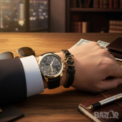 Елегантен мъжки комплект – часовник с черна каишка и гривна с метален щит, снимка 8 - Други - 51947391