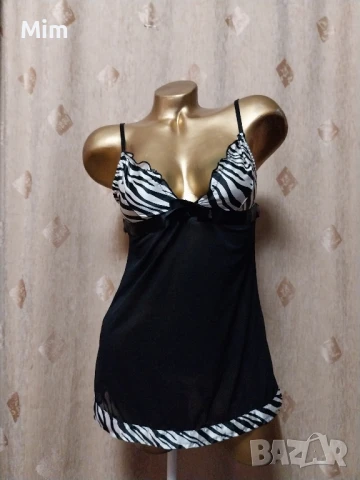 S Черна ефирна нощничка със сатенен принт, снимка 5 - Нощници - 50843857