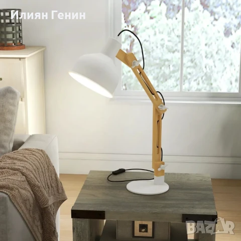 Настолна лампа HOMCOM във винтидж дизайн, бамбук, регулируемо въртящо се рамо, бяло + естествен цвят, снимка 3 - Настолни лампи - 50693248