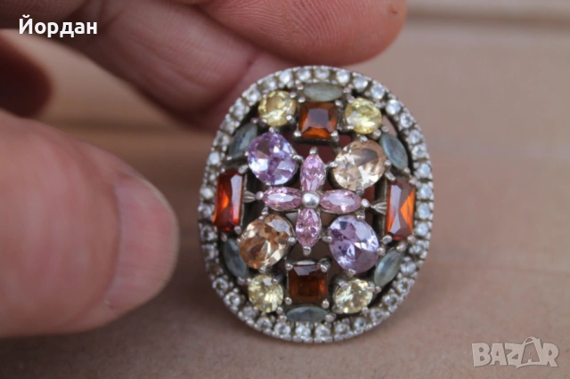 Дамски сребърен пръстен с полускъпоценни камъни, снимка 4 - Пръстени - 53877737