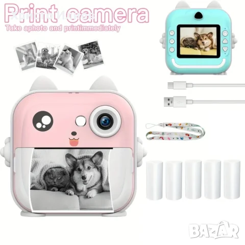 Детски Фотоапарат за моментни снимки за деца Мини термопринтер Син Розов светещи уши, снимка 7 - Фотоапарати - 50483840