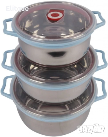 Комплект стоманени купи с вакуумен капак с дръжки отстрани, снимка 4 - Други - 52744328