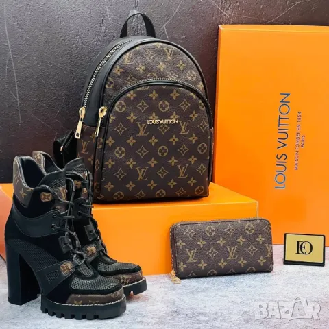 дамски комплекти боти на ток от естествена кожа, чанта / раница и портмоне louis vuitton , снимка 4 - Чанти - 48341012