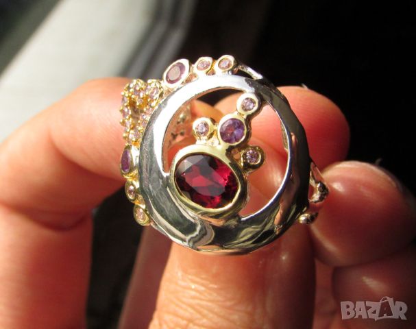 925 сребърен пръстен с астрологична форма и камък 7x5мм родолит, тегло 6.2гр., снимка 1 - Пръстени - 46351072
