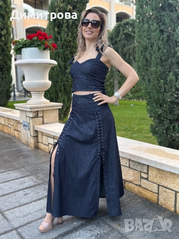 Дънков костюм с дълга пола и бюстие XS-XL, снимка 4 - Костюми - 52443319