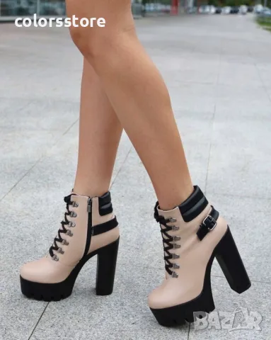 Боти на ток - бежова кожа с черно ходило - BT14