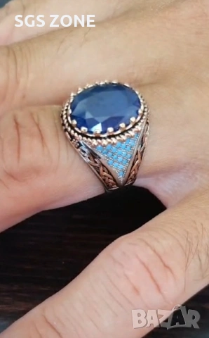 Сребърен мъжки пръстен от Тайланд със сапфири и опали, снимка 6 - Пръстени - 53073856